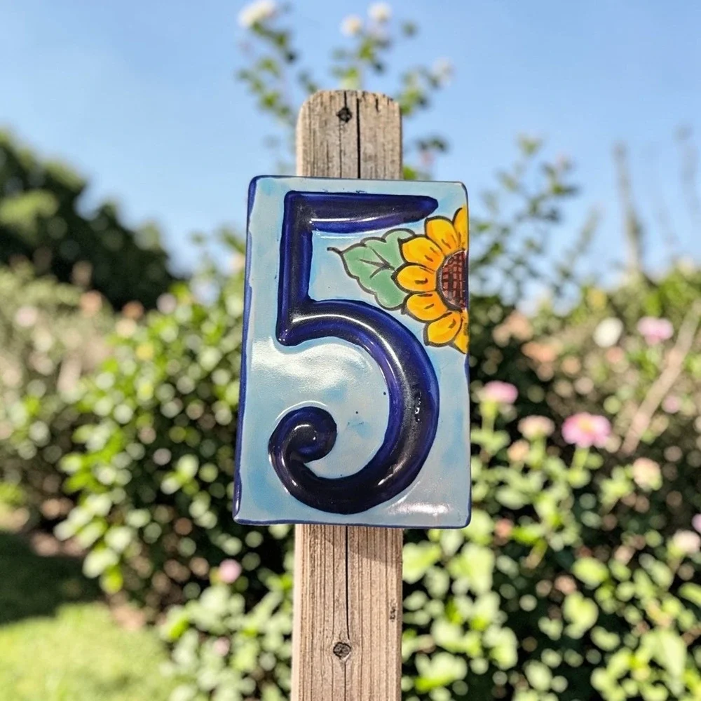 Talavera Sunflower House Number Tile, High‎ Relief #5, Mexican Address Plaque